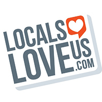 Locals Love Us graphic with a white heart inside an orange speech rectangle